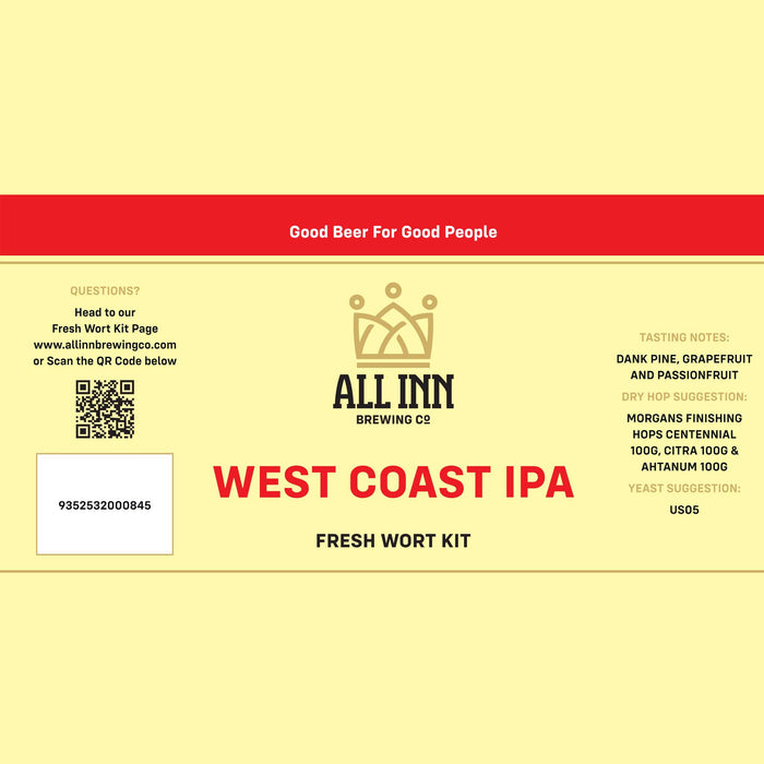 Label for All Inn Brewing Co West Coast IPA Fresh Wort Kit to make commercial quality beer at home