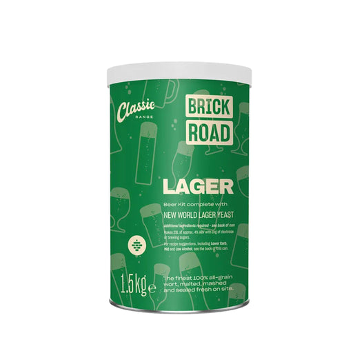 A 1.5kg can of Classic Range Brick Road Lager beer extract for home brewers, featuring a green label with white text and illustrations of beer mugs, on a solid white background.