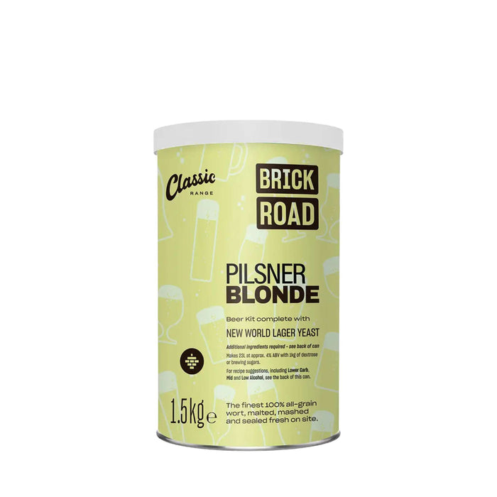 Brick Road Pilsner Blonde extract beer kit container, for making beer at home) on a white background