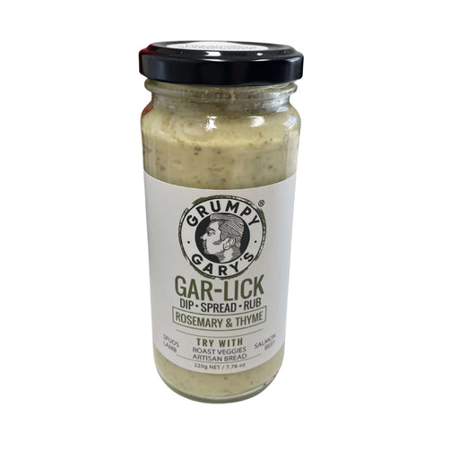 Jar of Grumpy Gary's Gar-Lick dip, spread, or rub on a white background