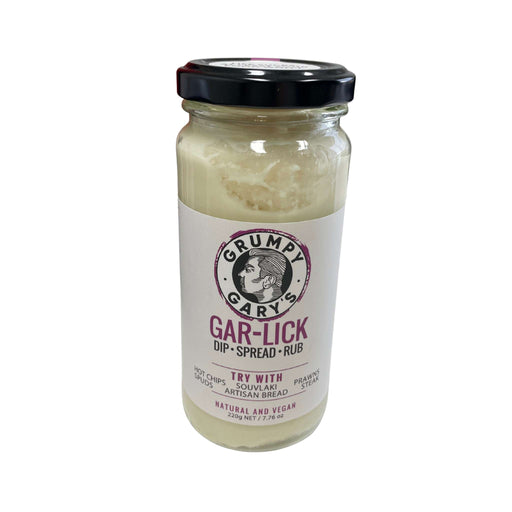 Jar of Grumpy Gary's Gar-Lick product on a white background
