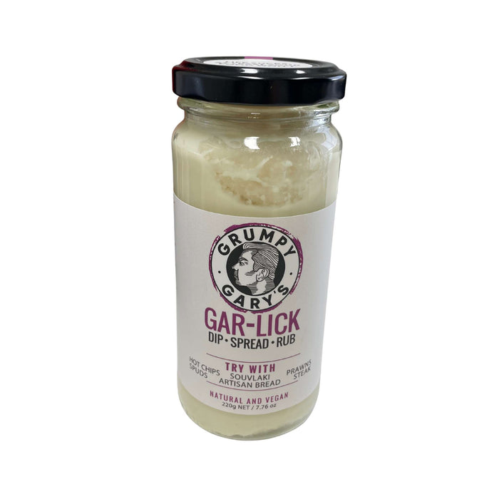 Jar of Grumpy Gary's Gar-Lick product on a white background