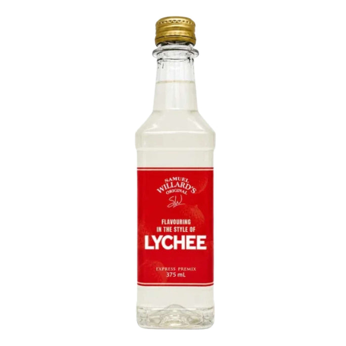 A 375 mL plastic bottle of Samuel Willard's Lychee spirit flavouring, featuring a red label and a gold cap, shown against a plain white background.
