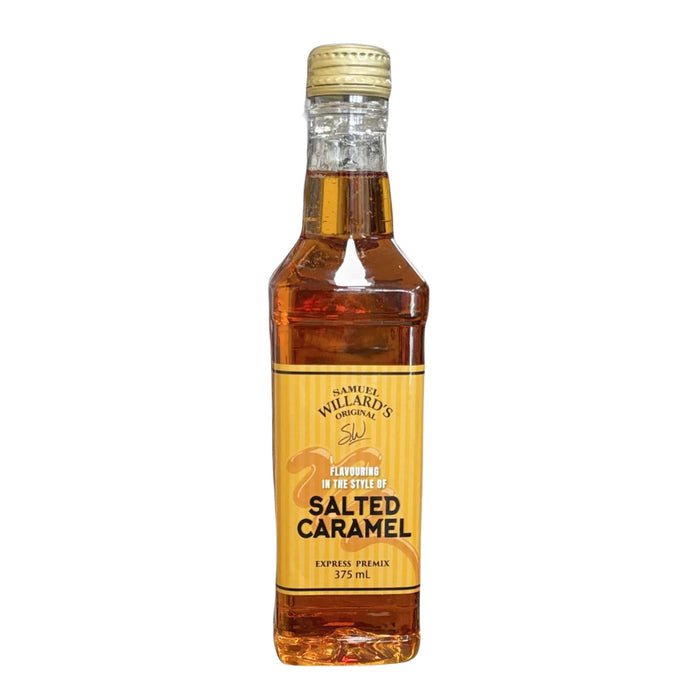 A bottle of Samuel Willard's pre-mix spirit flavouring in the Taste of Salted Caramel, featuring a yellow label and golden syrup inside, on a white background.