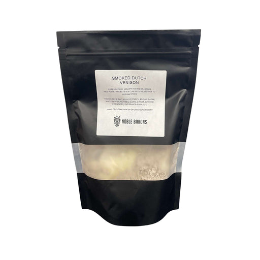 Black packaging of smoked Dutch venison  sausage seasoning with a visible brand label on a white background