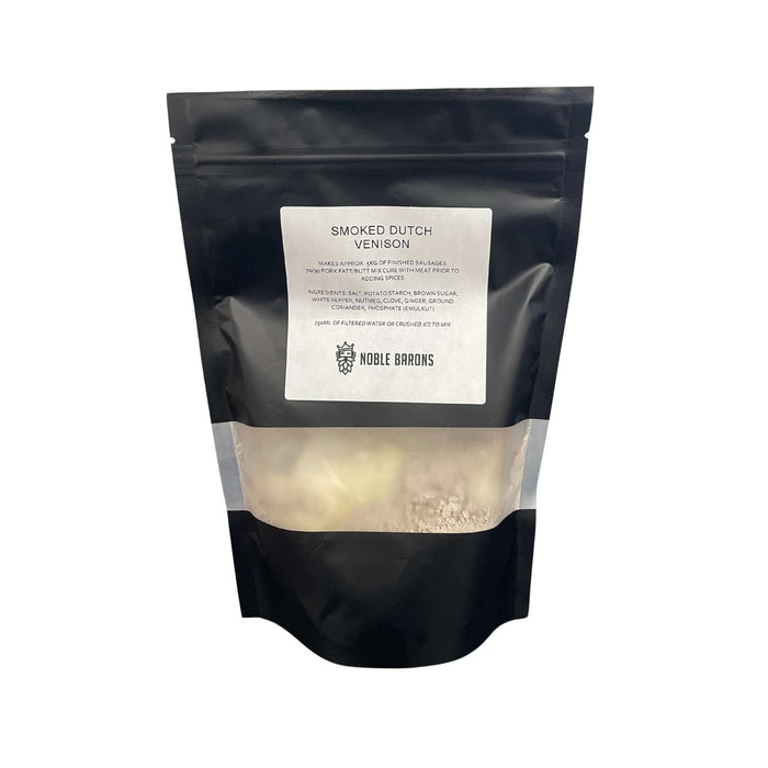 Black packaging of smoked Dutch venison  sausage seasoning with a visible brand label on a white background