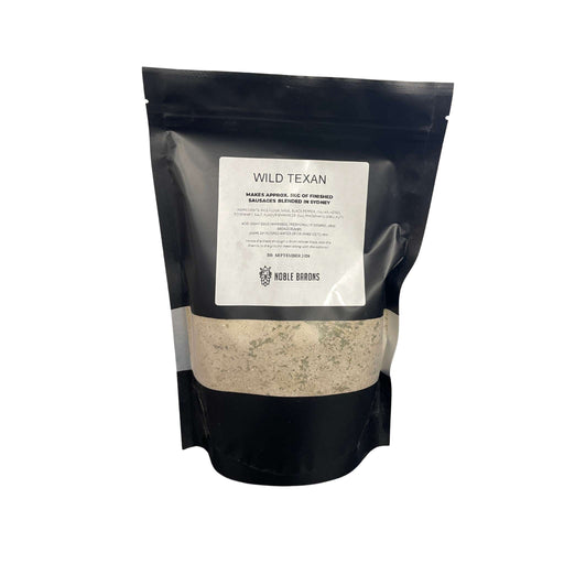 Black pouch containing suasage seasoning with 'Wild Texan' label on a white background