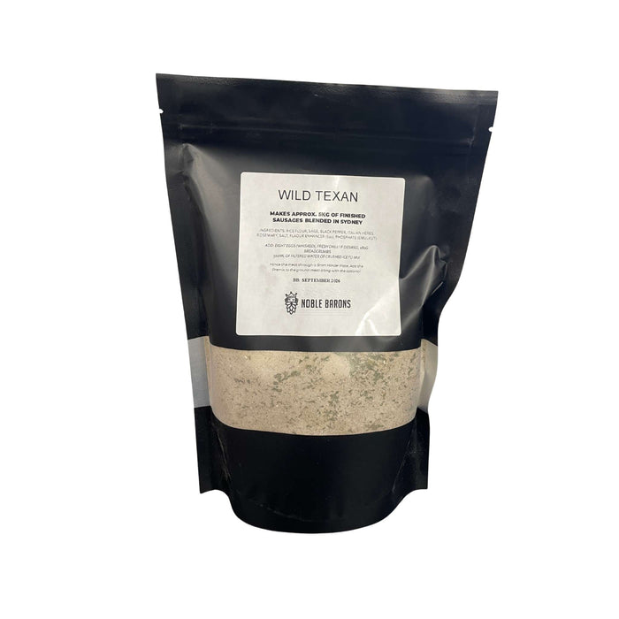 Black pouch containing suasage seasoning with 'Wild Texan' label on a white background